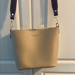 Beige Crossbody Bag with Navy Strap